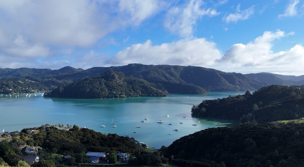 Scenic view overlooking Whangaroa Harbour from the pool deck of King's View Lodge