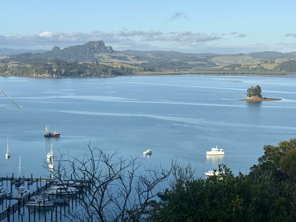Whangaroa scenic views across harbour with boats and island in view